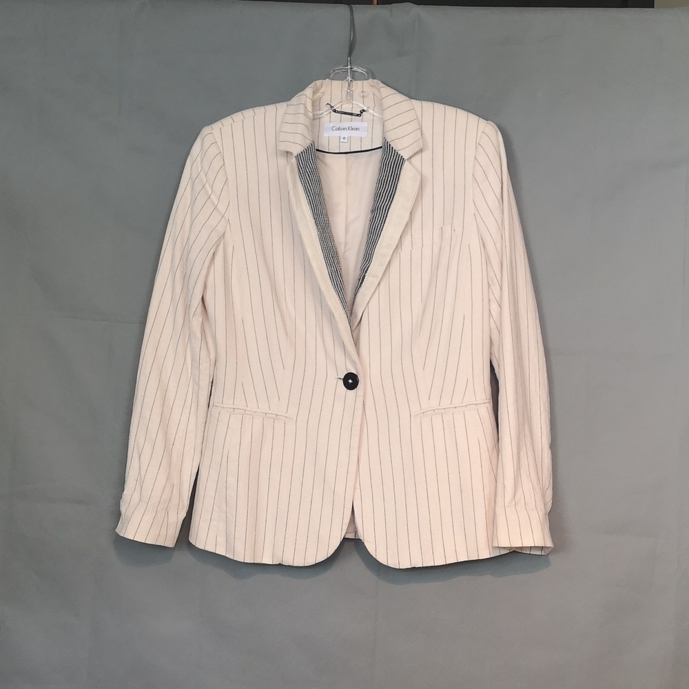 90s Vintage Calvin Klein pinstripe distressed Upcycled Linen-like blazer jacket